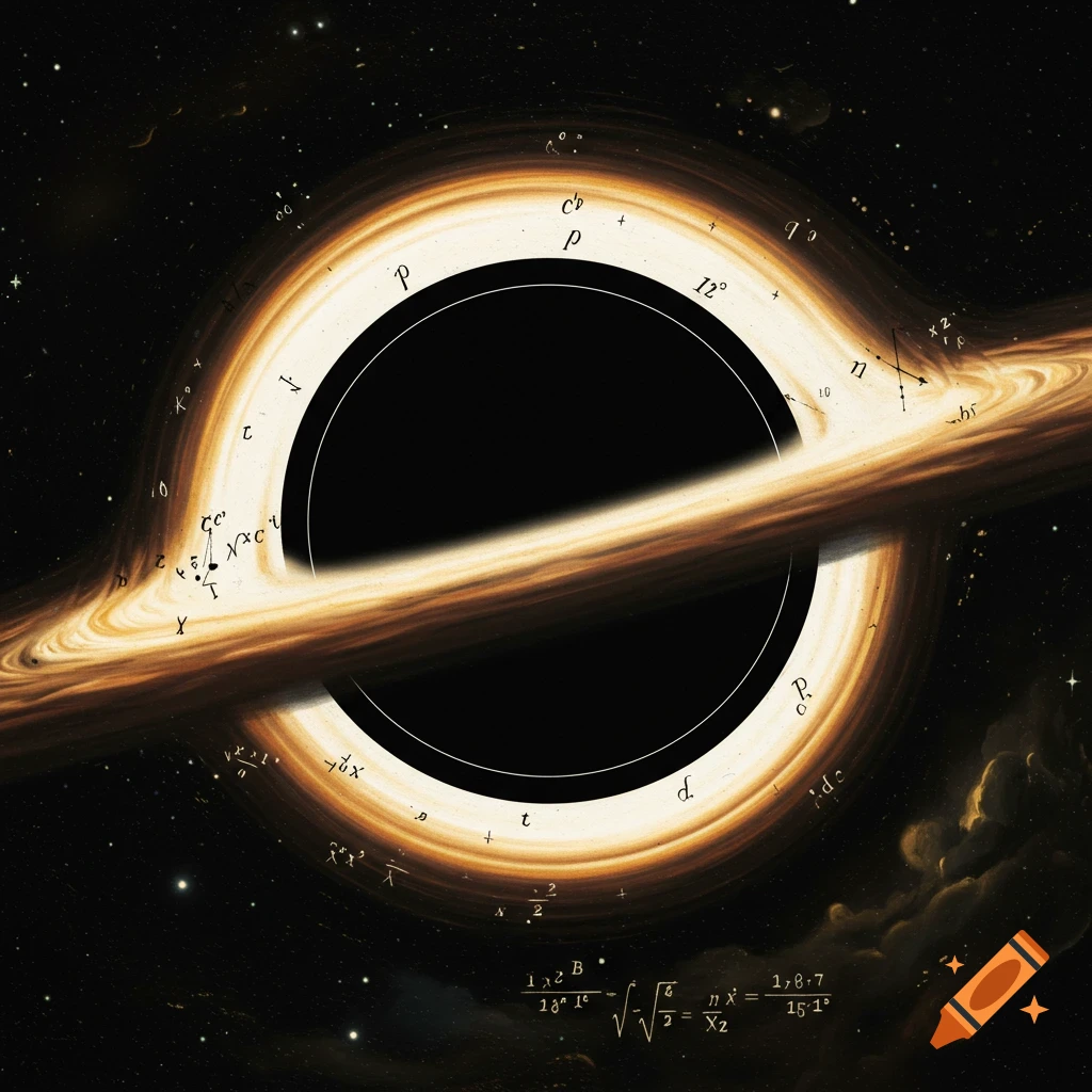 Illustrative painting of a black hole and its accretion disk surrounded by mathematical symbols and equations in space.