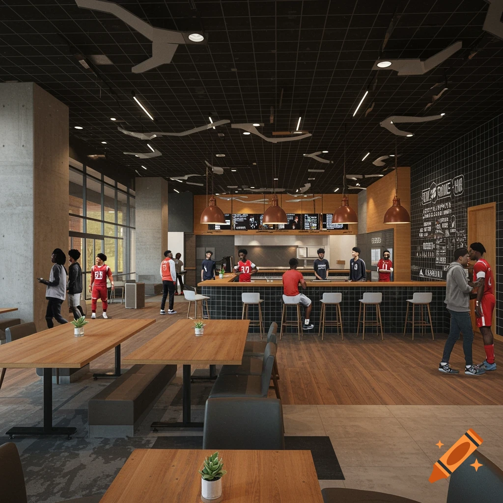 Digital rendering of a modern student dining hall with tables, a bar, and people in athletic wear.