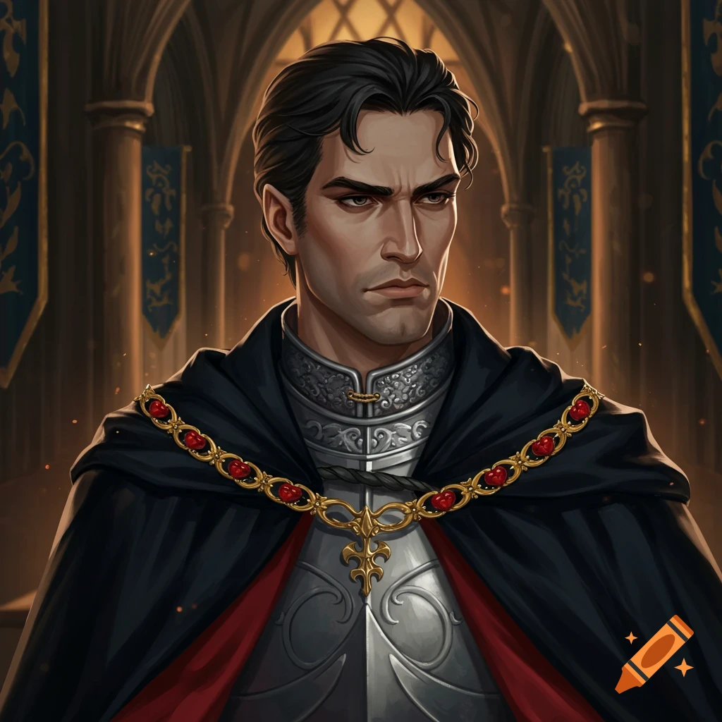 A man in a black cape and silver armor stands in a castle hallway