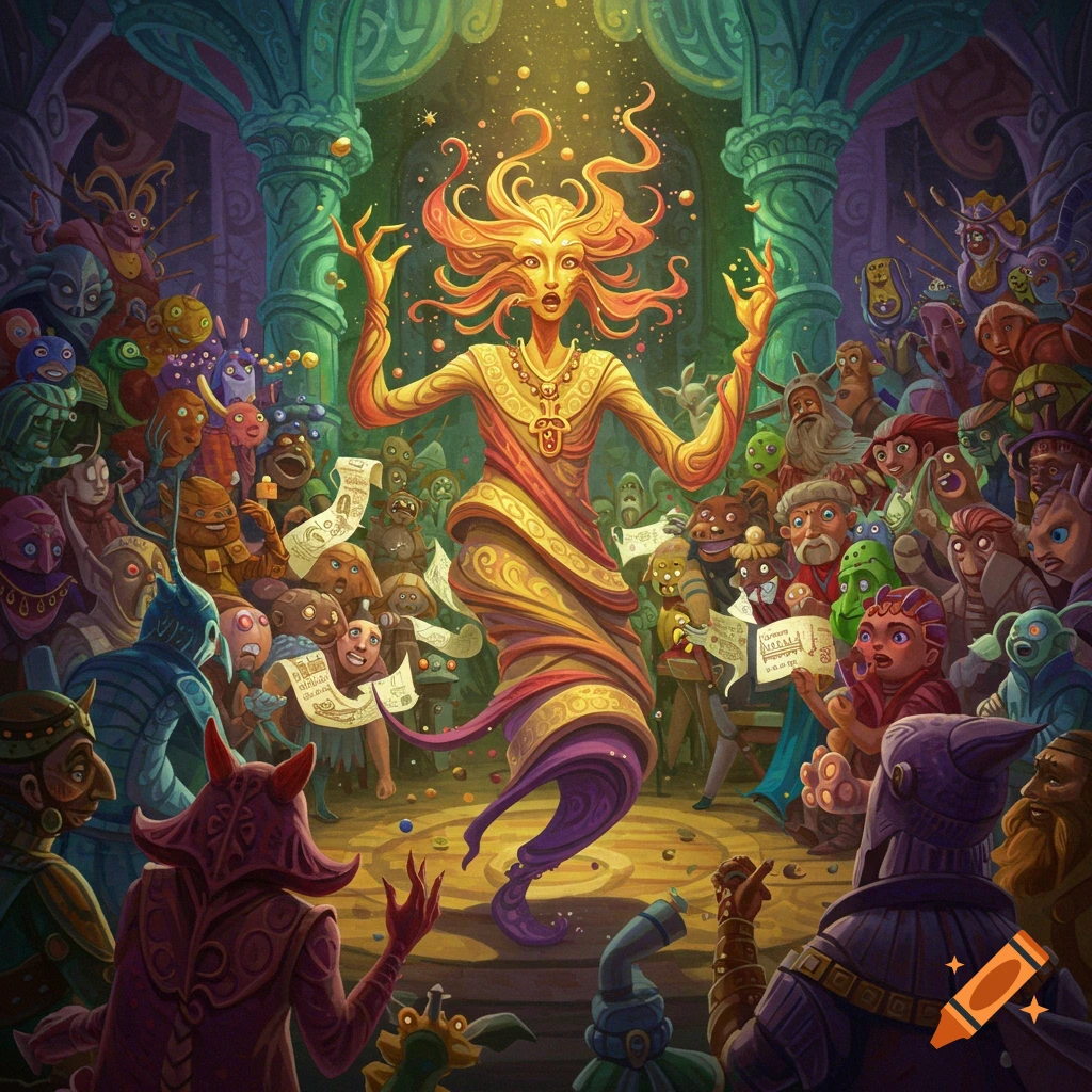 A vibrant image of a glowing, shape-shifting storyteller addressing a crowd of fantastical creatures in an ornate room.