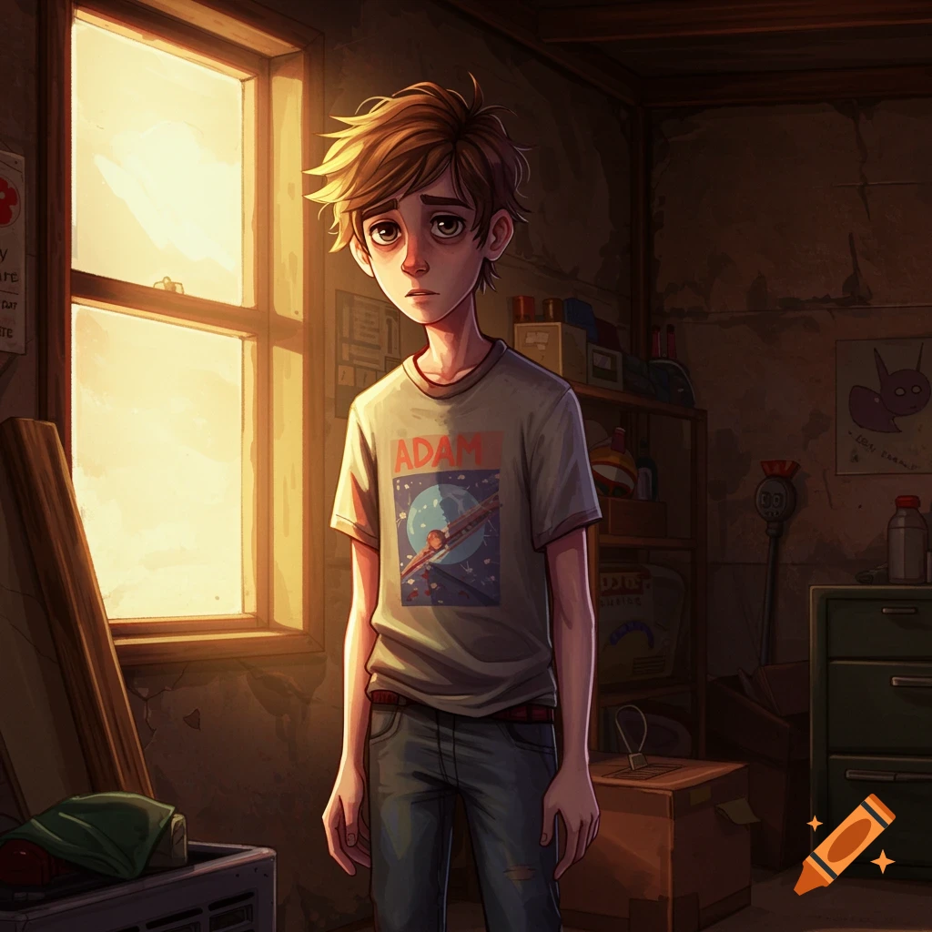 A young boy in a cluttered room illuminated by a window, looking vulnerable.