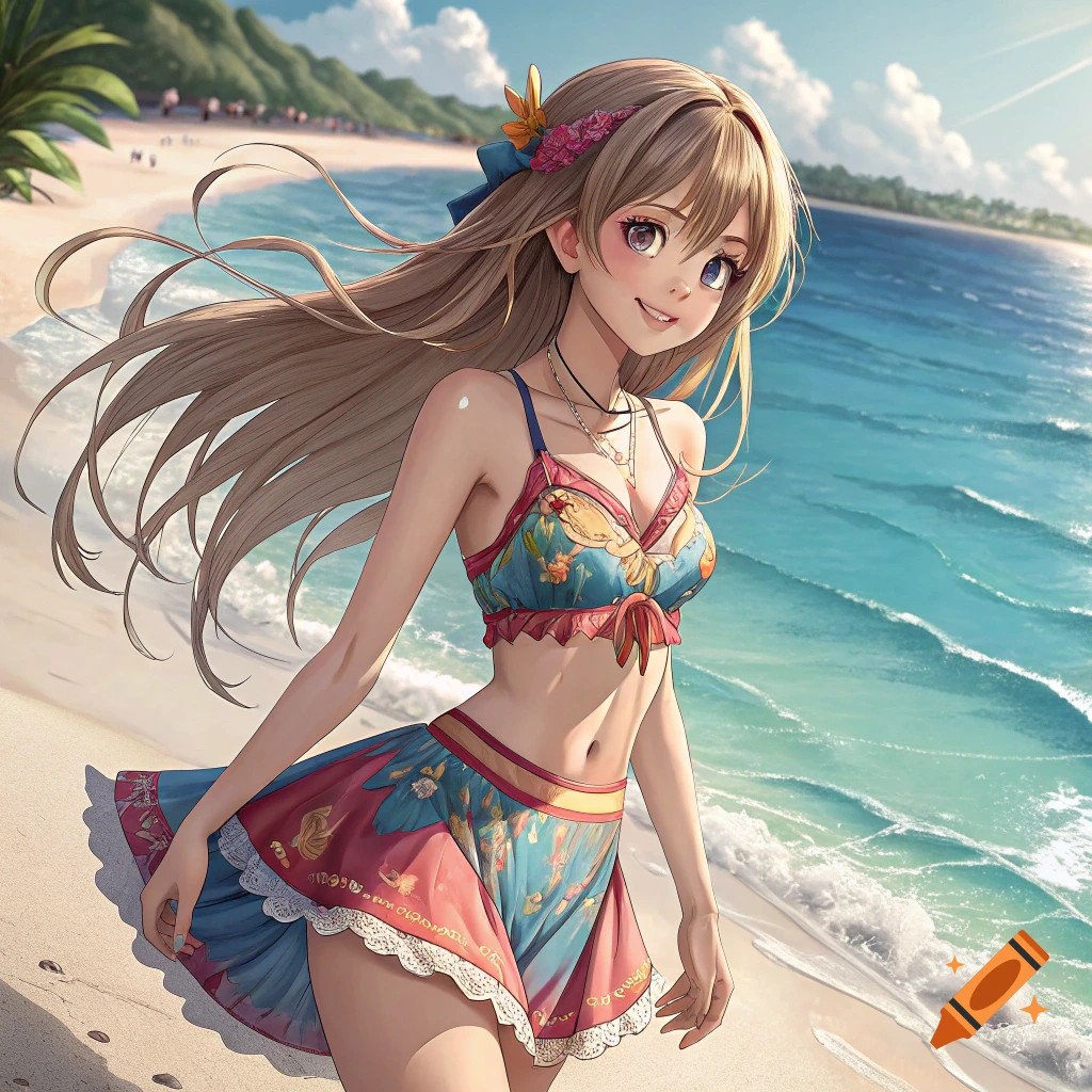 Anime girl in a colorful swimsuit and skirt walking on a sunny beach.