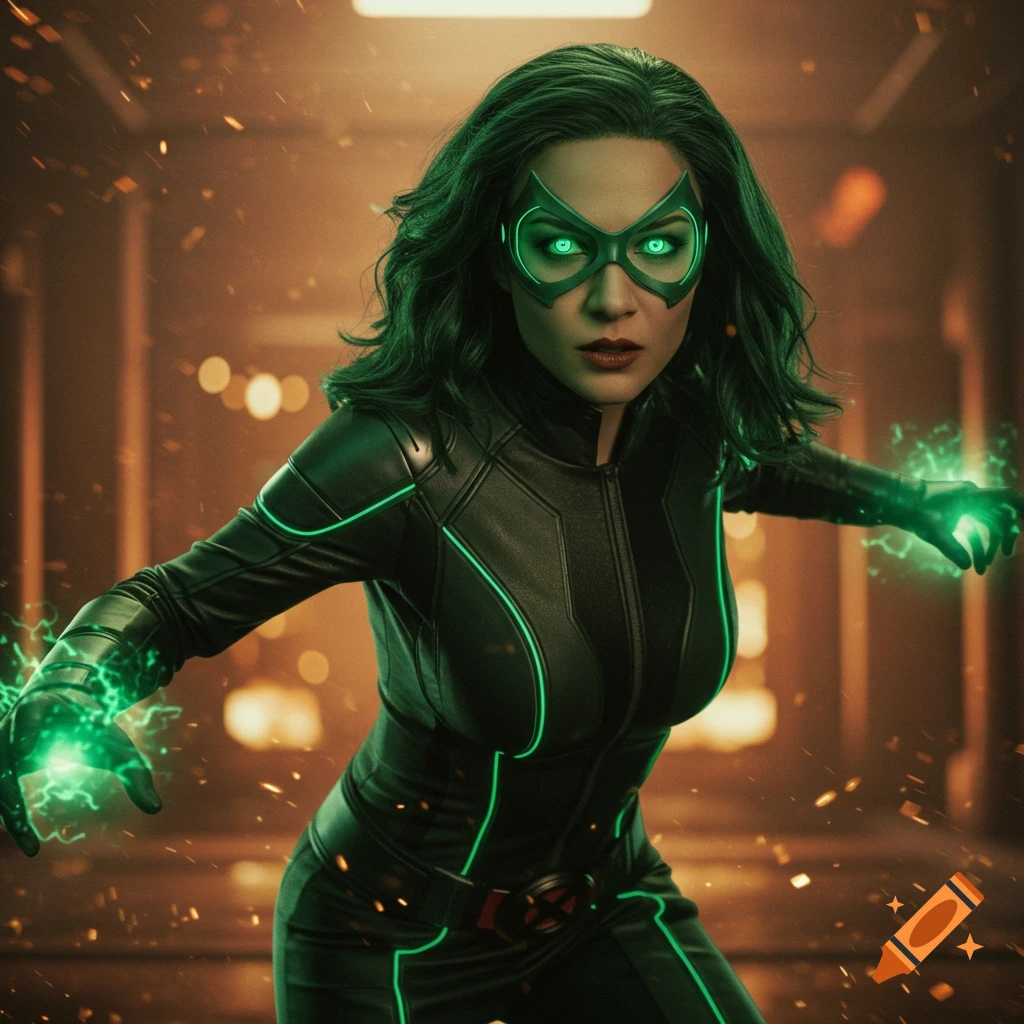 A superhero woman with green hair and glowing green mask stands in a corridor, generating green energy from her hands.