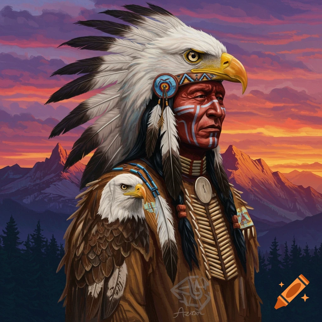 A person in Native American attire with an eagle headdress and an eagle on their shoulder, in a mountain landscape at sunset.