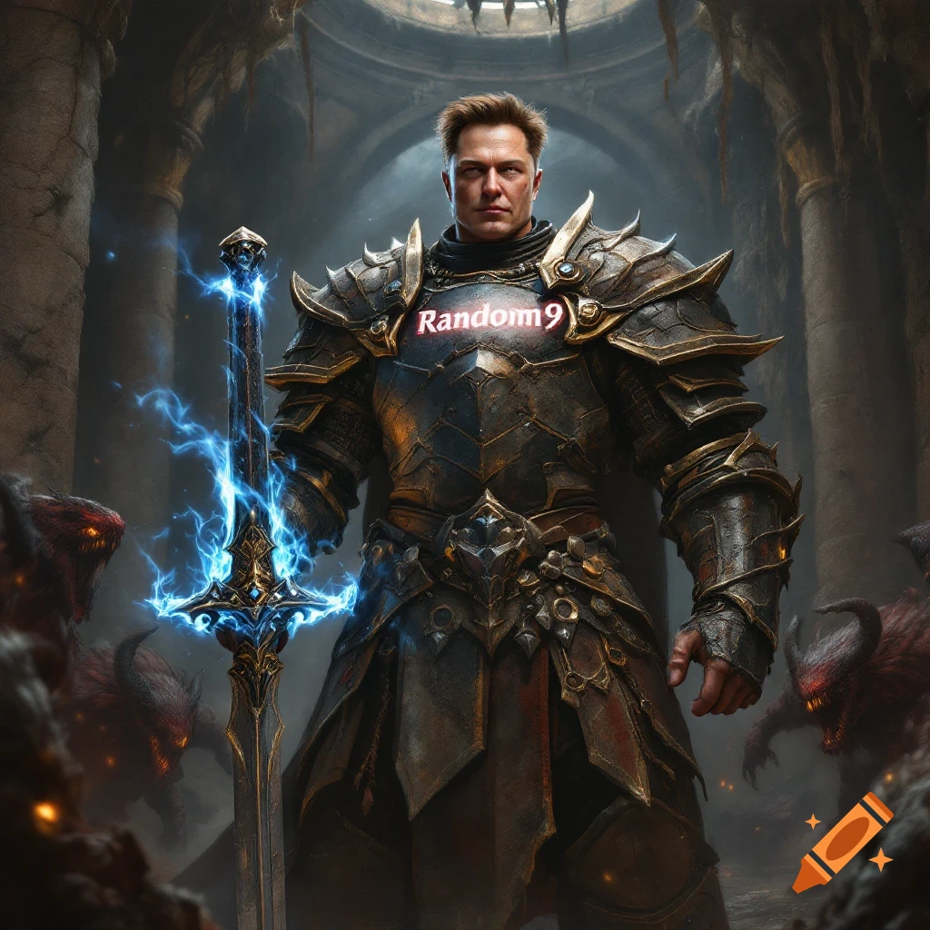 Elon Musk as a knight in armor with a glowing sword, fighting monsters in a dungeon.