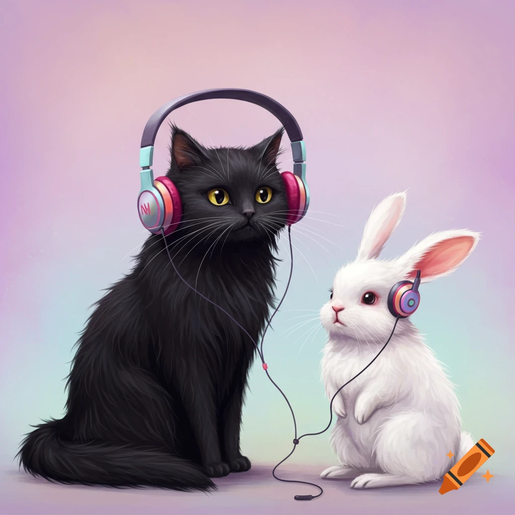 A black cat and white rabbit sharing headphones.