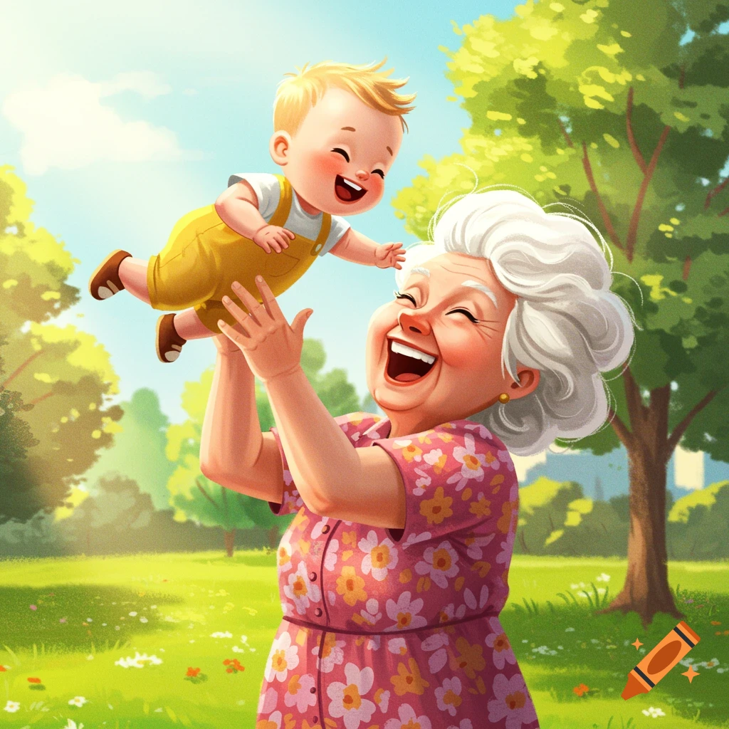 A cartoon of a grandmother tossing a baby high in the air in a sunny park.