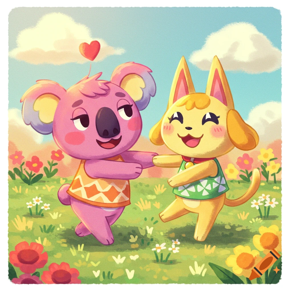 Cartoon style image of a pink koala and a yellow dog holding hands and dancing in a field of flowers.