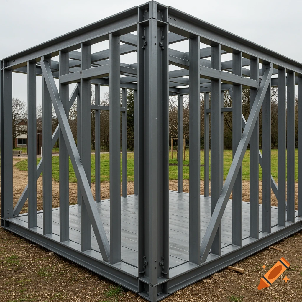 Steel frame structure in a park setting
