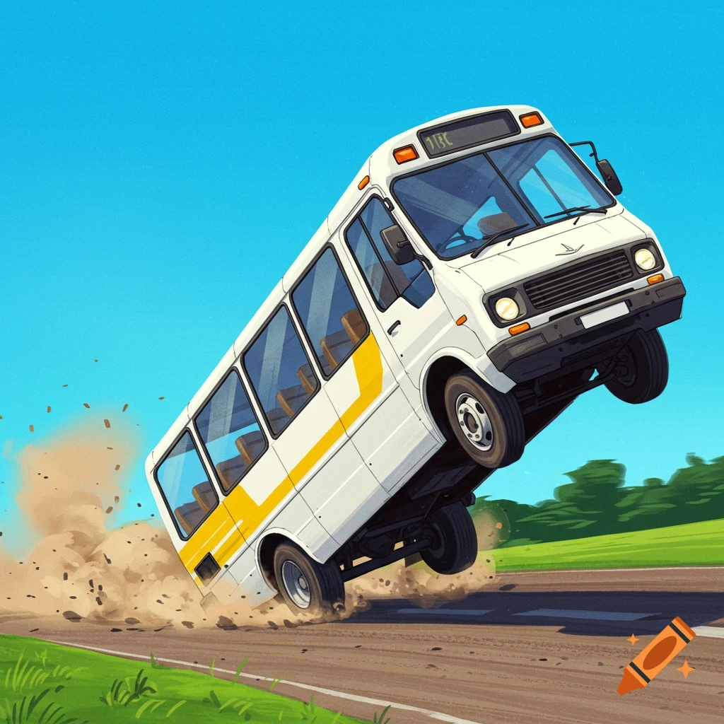 White bus doing a wheelie on a road, kicking up dust.