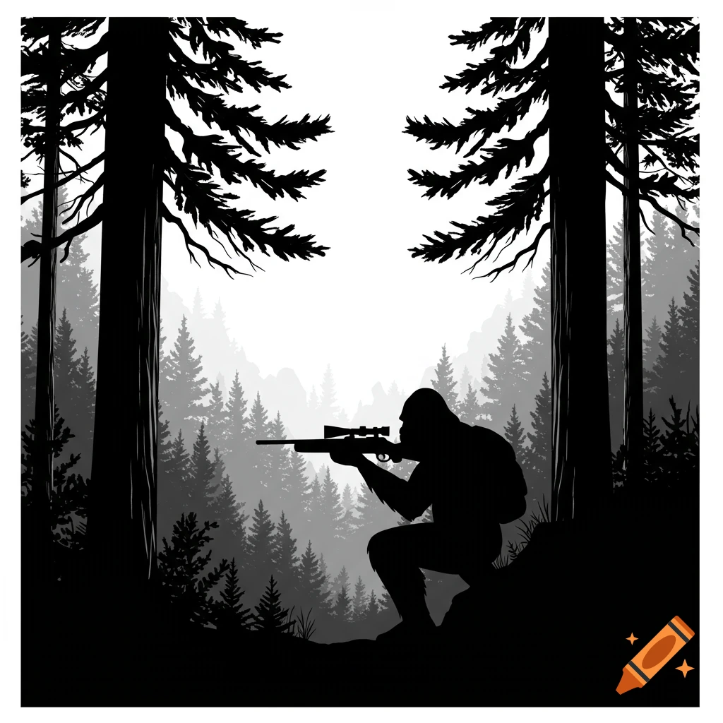 Black and white silhouette of Bigfoot crouching in a forest holding a rifle.