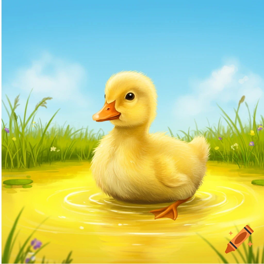 A cute yellow duckling sits in a bright yellow pond, surrounded by green grass under a blue sky.