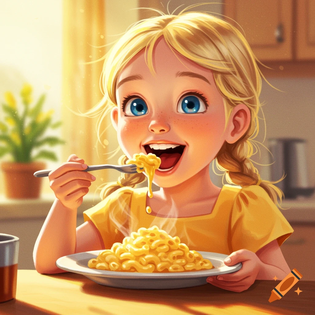 A happy blonde girl eating mac and cheese.