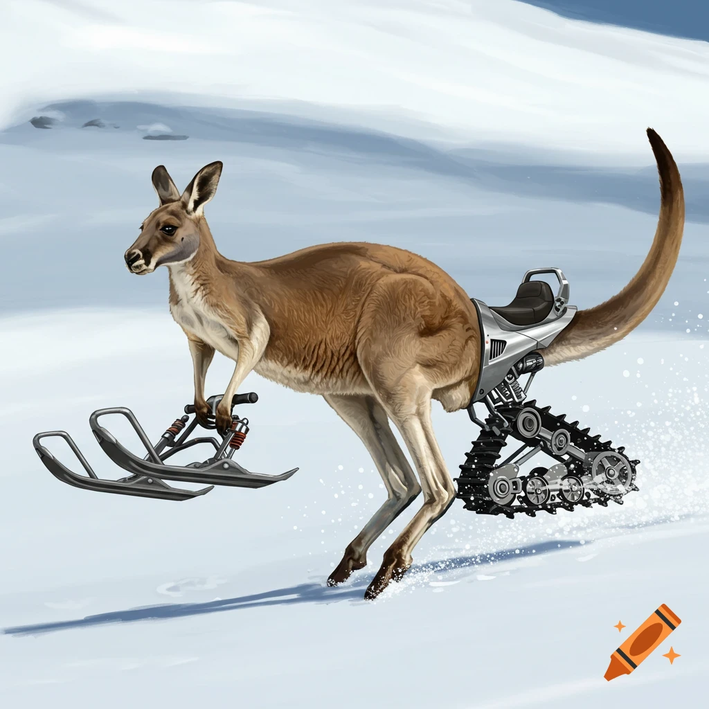 A kangaroo skiing on snow with a snowmobile track attached to its rear.