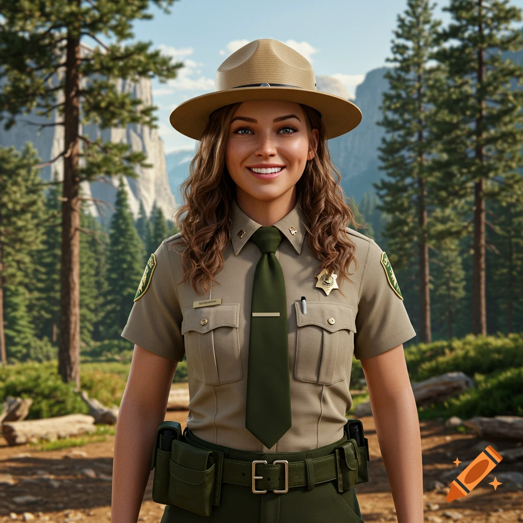 A smiling female park ranger in uniform stands in a national park.