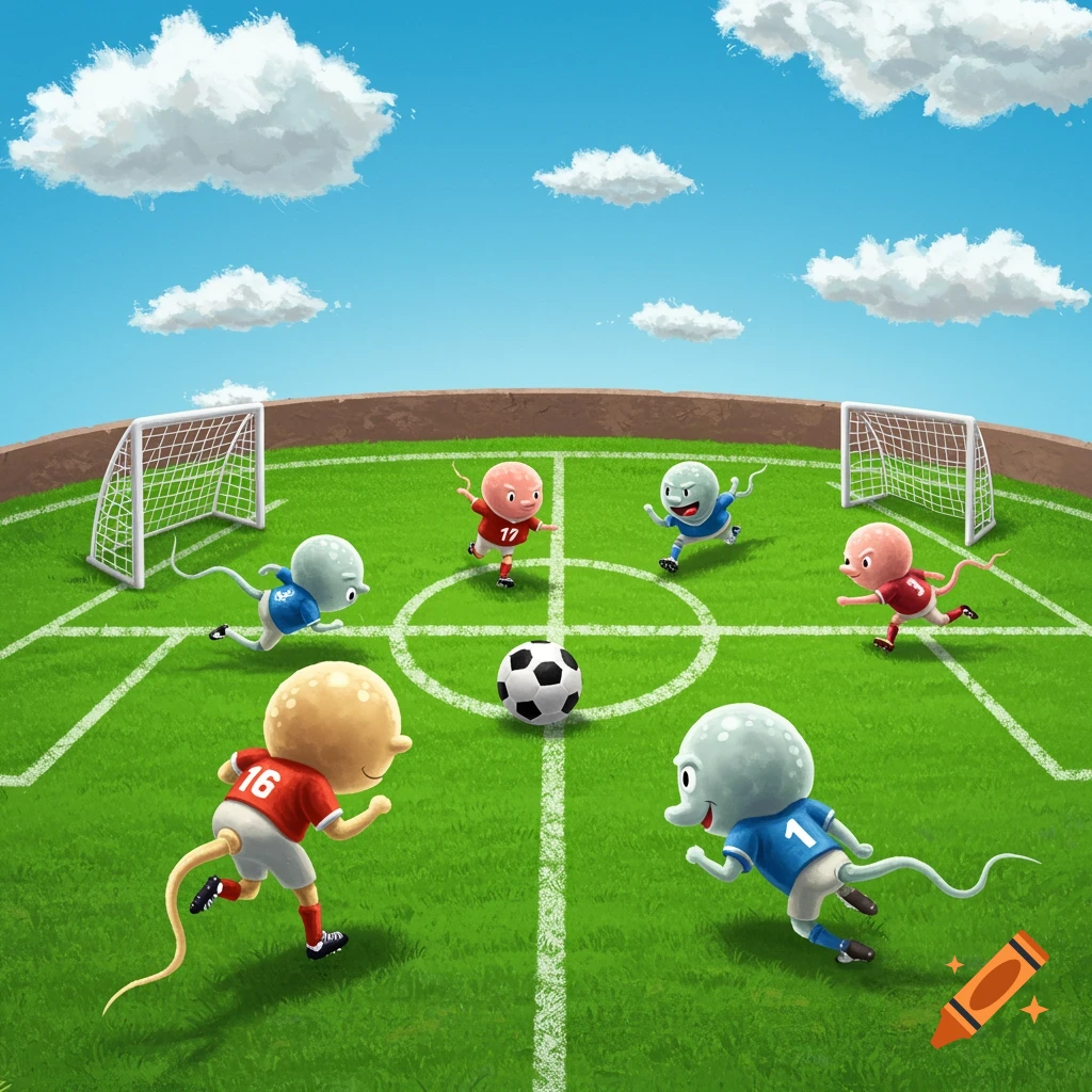 Cartoon sperm cells in sports uniforms play soccer on a field under a blue sky with clouds.