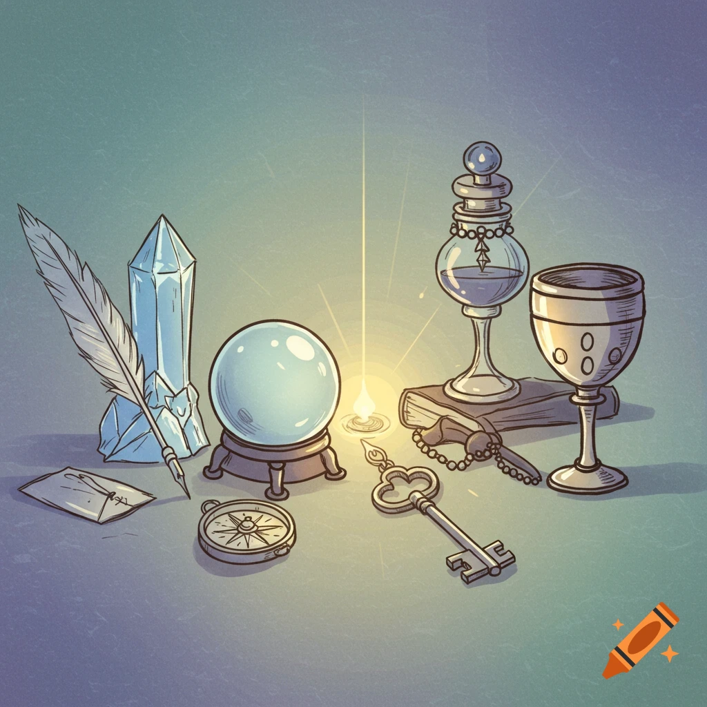 Still life of fantasy objects: crystal ball, crystal, quill, key, potion, goblet, compass, book