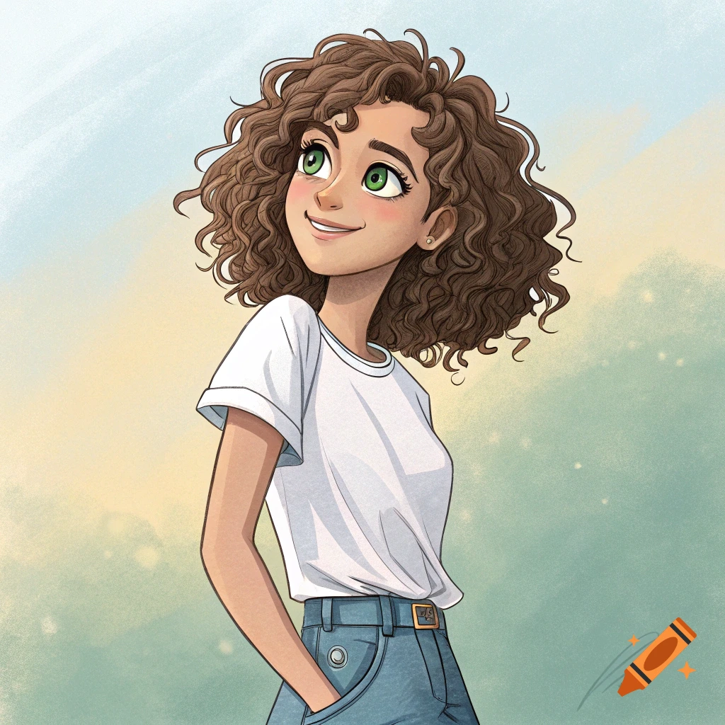 Illustration of a young woman with curly brown hair and green eyes, wearing a white t-shirt and jeans, looking upwards.
