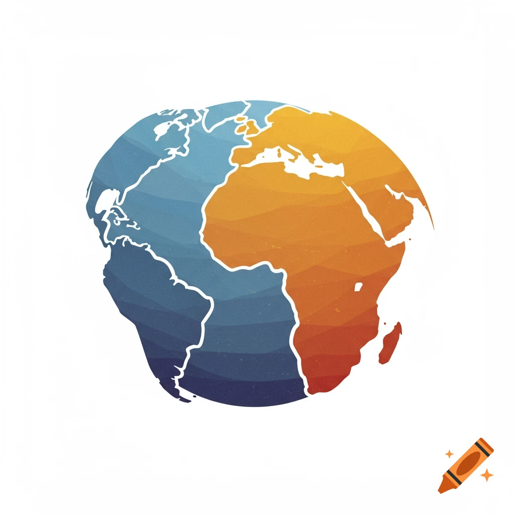Stylized illustration of a globe showing the Americas and Africa in blue and orange on white background.