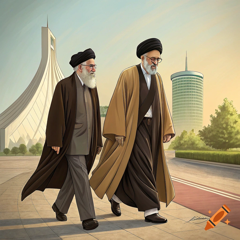 Two men in religious robes walk past modern buildings in an illustrative style.