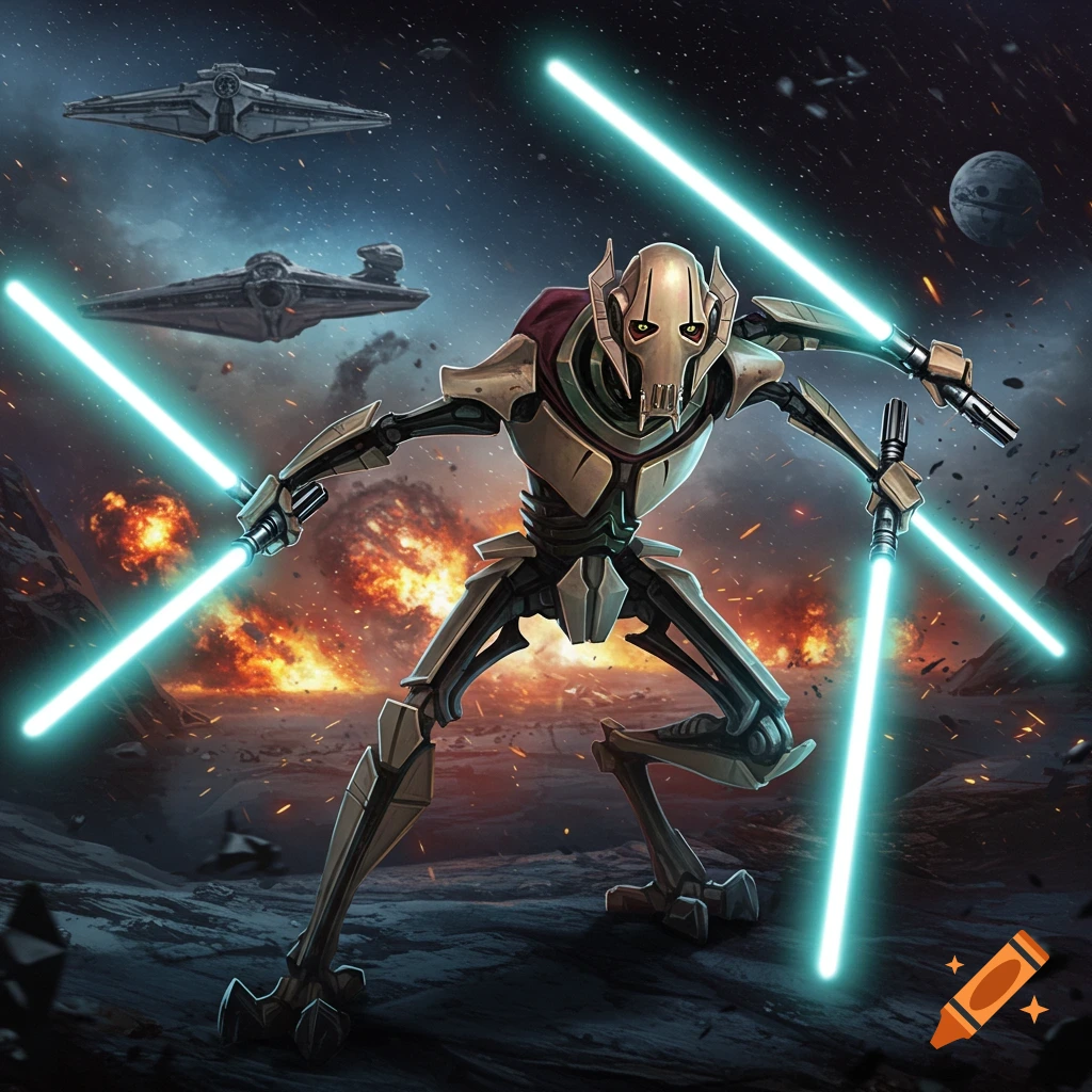 General Grievous with four lightsabers in a space battle