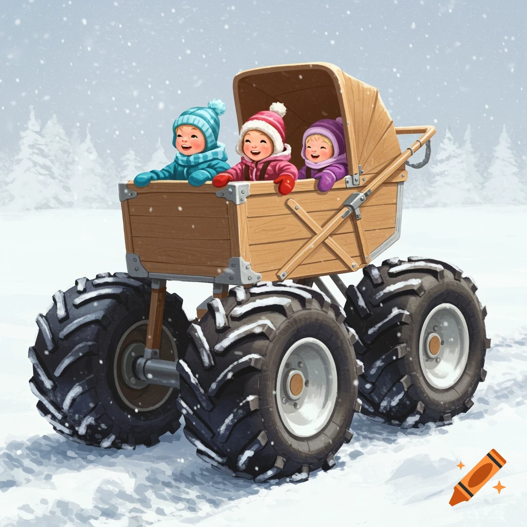 Illustration of three happy toddlers riding in a giant monster truck stroller in the snow.