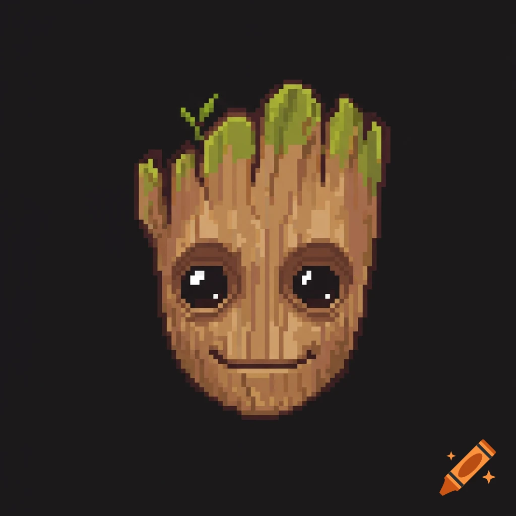 Pixel art head of Groot on a dark background.