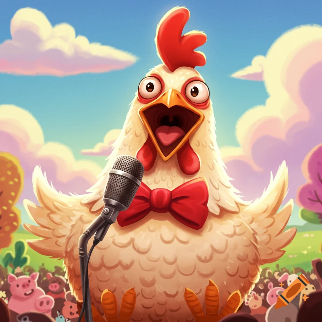 Cartoon chicken wearing a red bow tie sings into a microphone in front of a crowd of small animals.