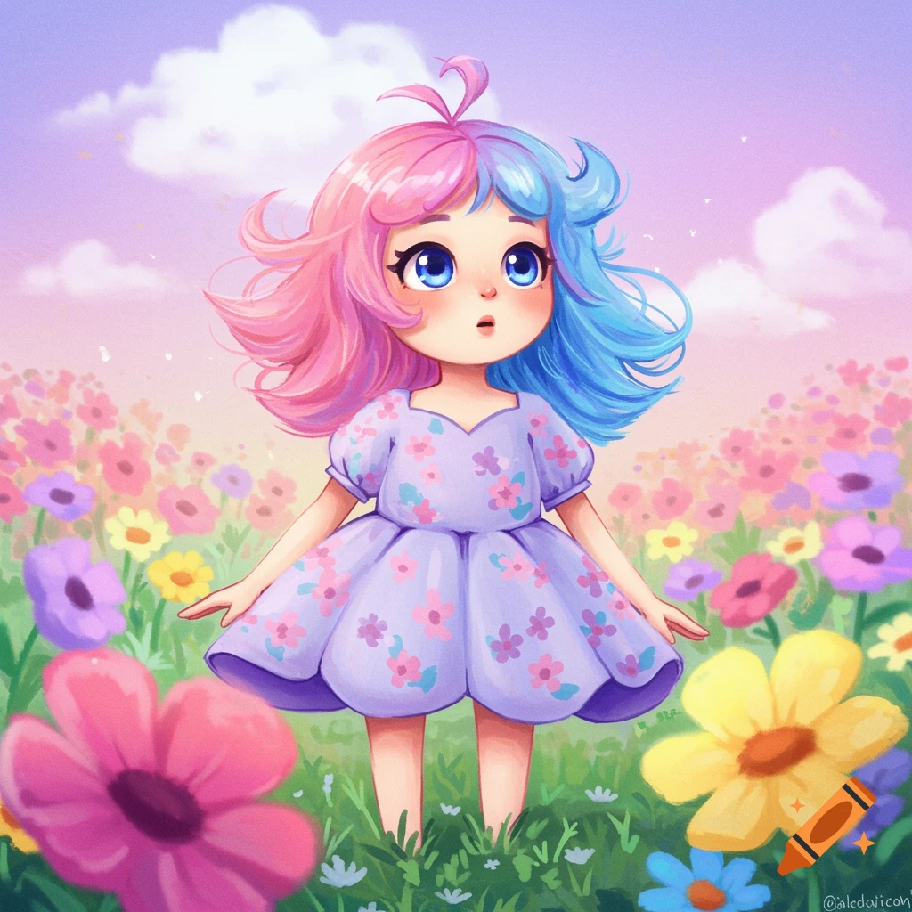 Whimsical cartoon girl with pink and blue hair in a floral dress standing in a field of flowers.