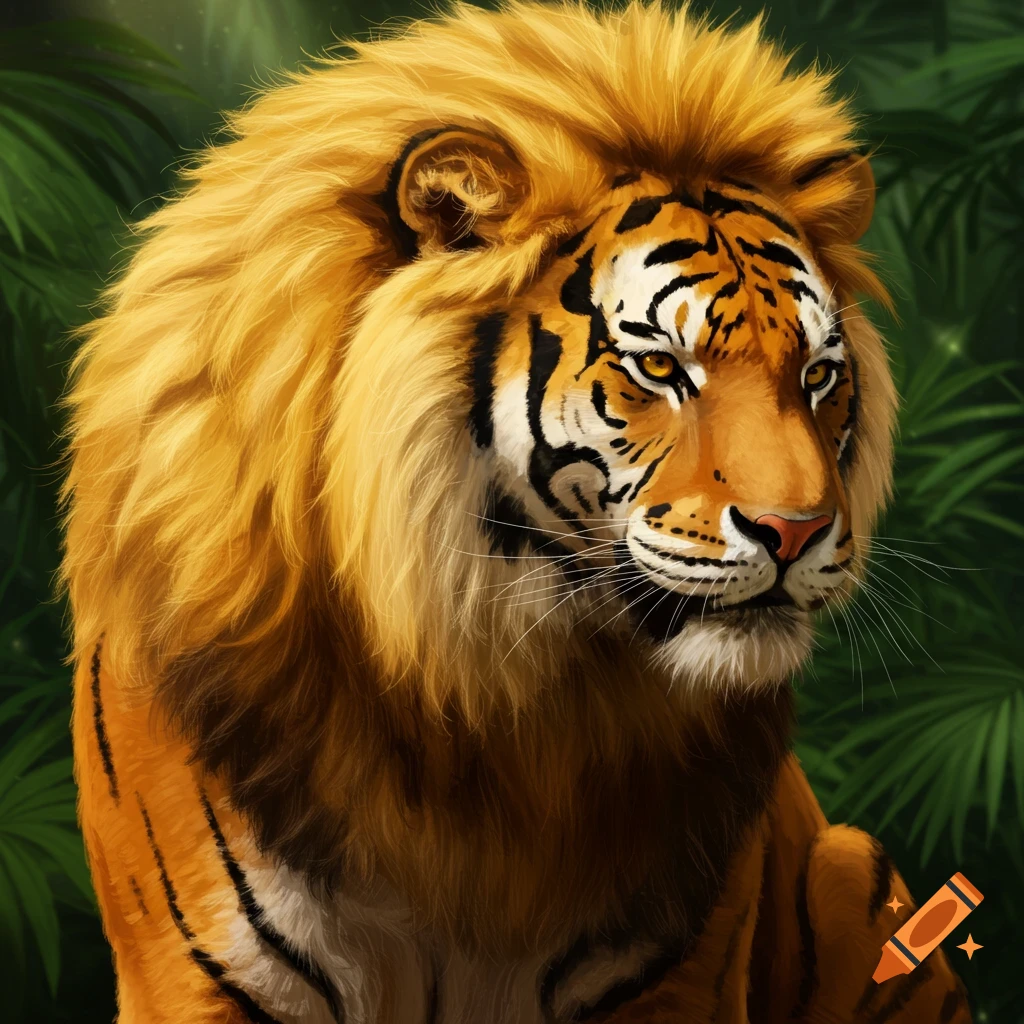 A tiger with a lion's mane in a jungle.