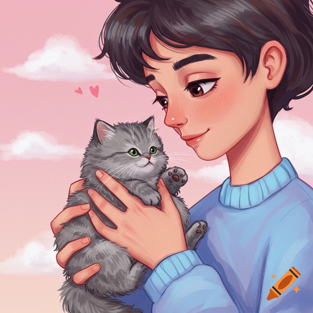 A person holding a fluffy gray kitten under a pink cloudy sky.