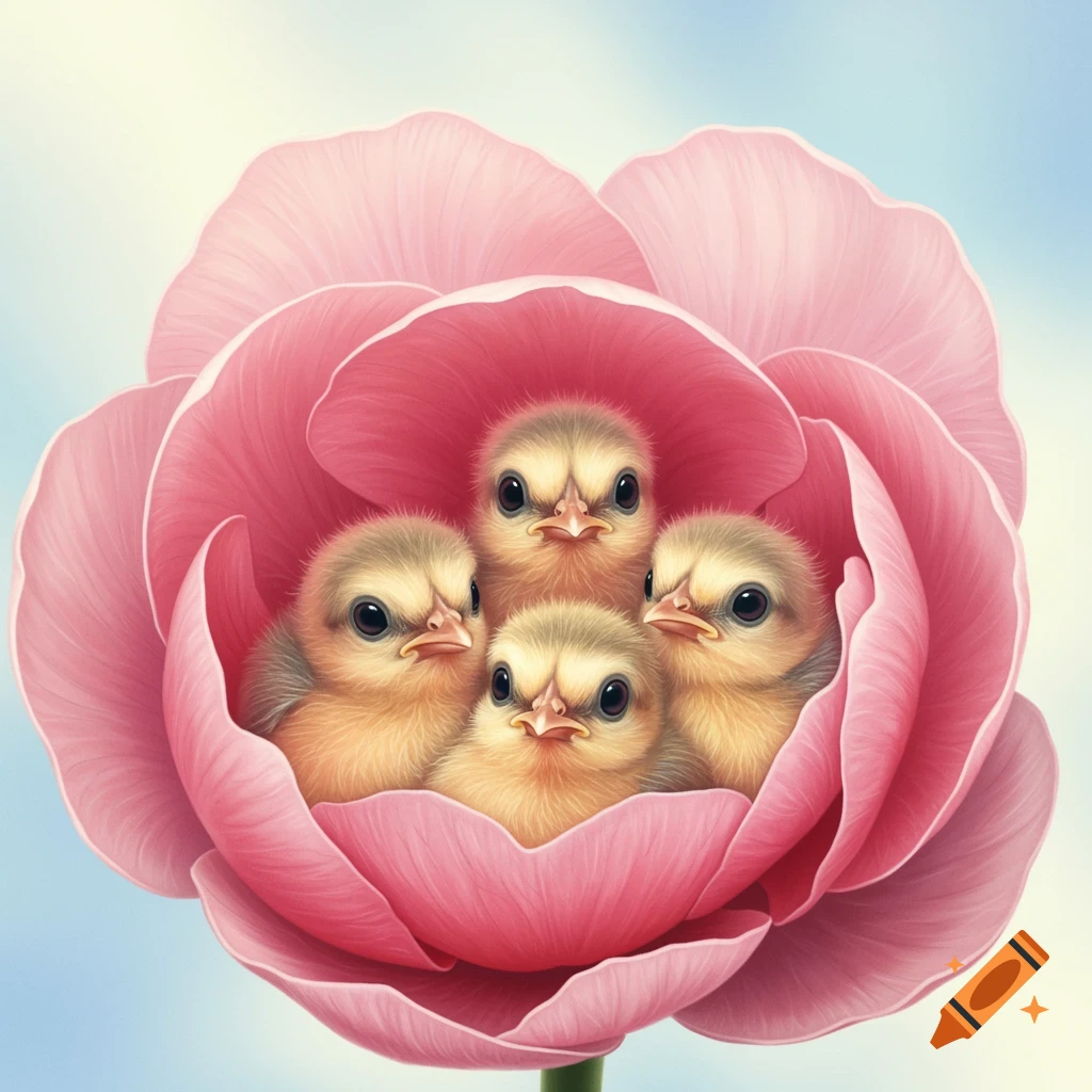 Four fluffy yellow chicks nestled in a large pink flower, whimsical.