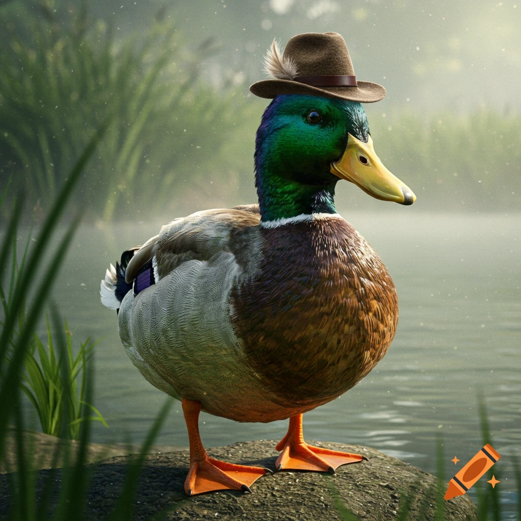 A realistic mallard duck stands on a rock by water, wearing a small brown hat with a feather.
