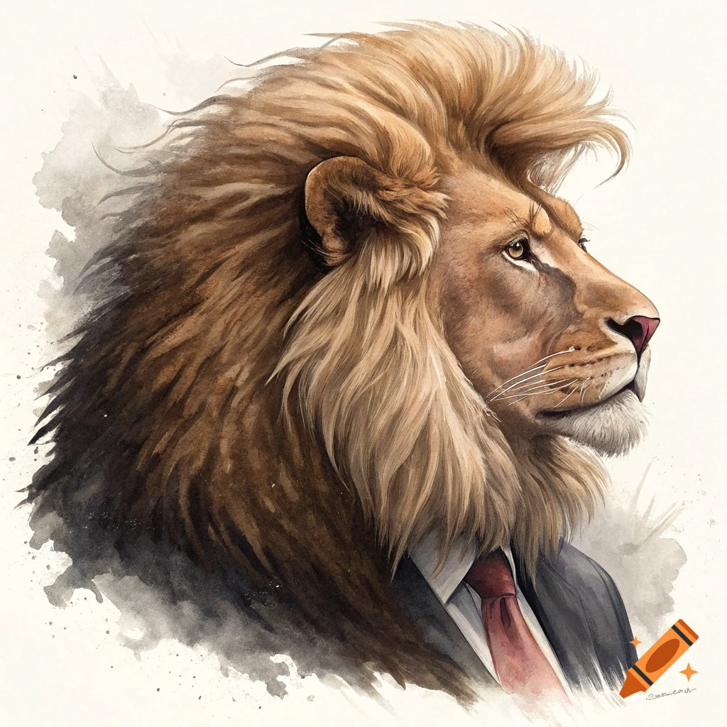 Watercolor portrait of a lion wearing a suit and tie.