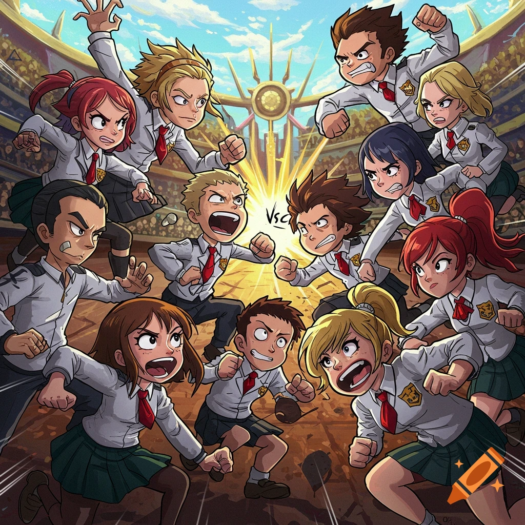 Anime style illustration of students fighting in a stadium during a competition.