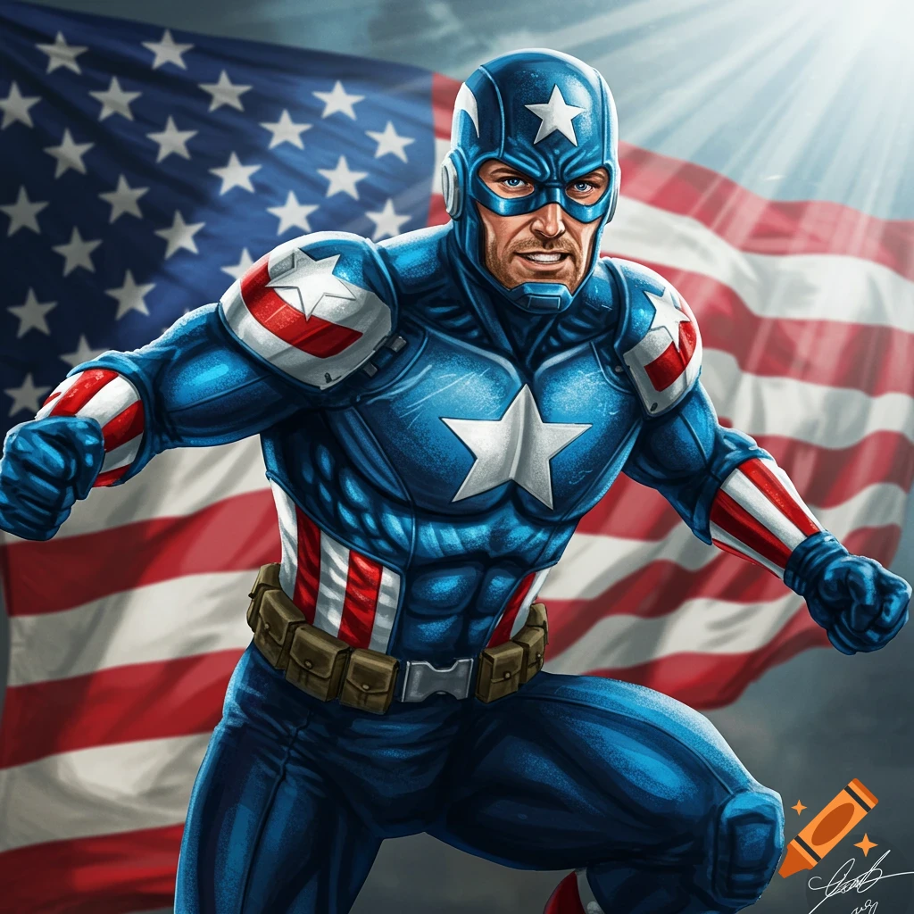 A superhero character in a patriotic costume posing in front of the American flag.