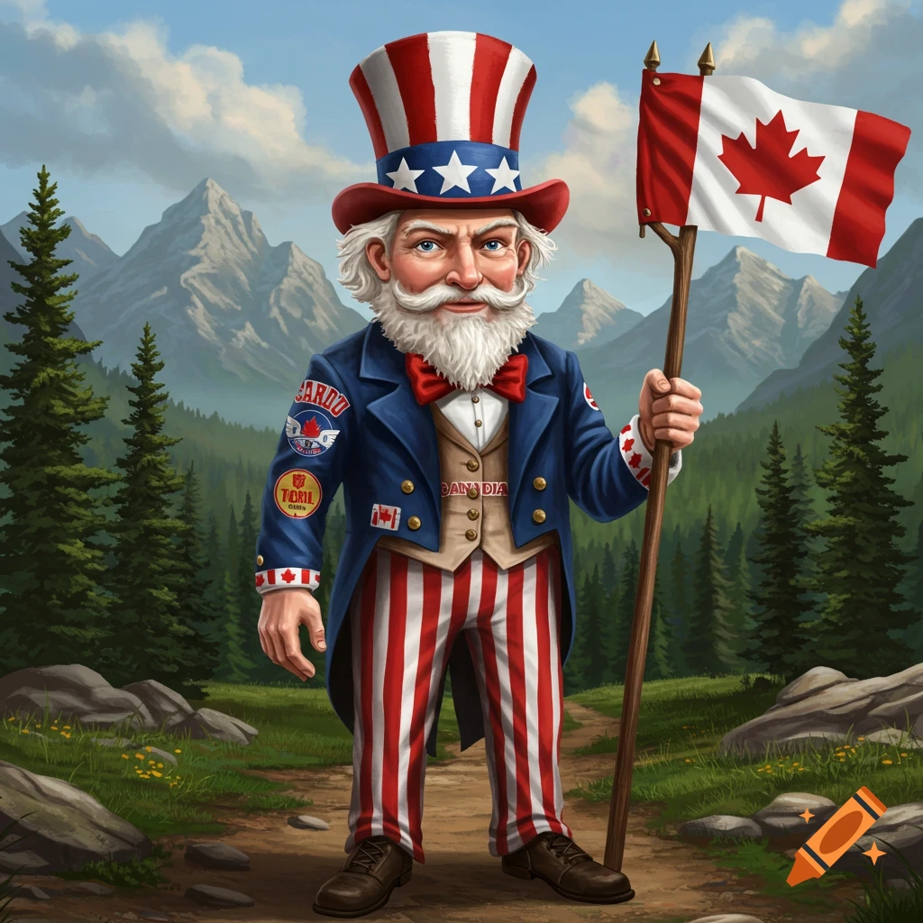 A character resembling Uncle Sam wearing Canadian-themed clothing stands in a landscape holding a Canadian flag.