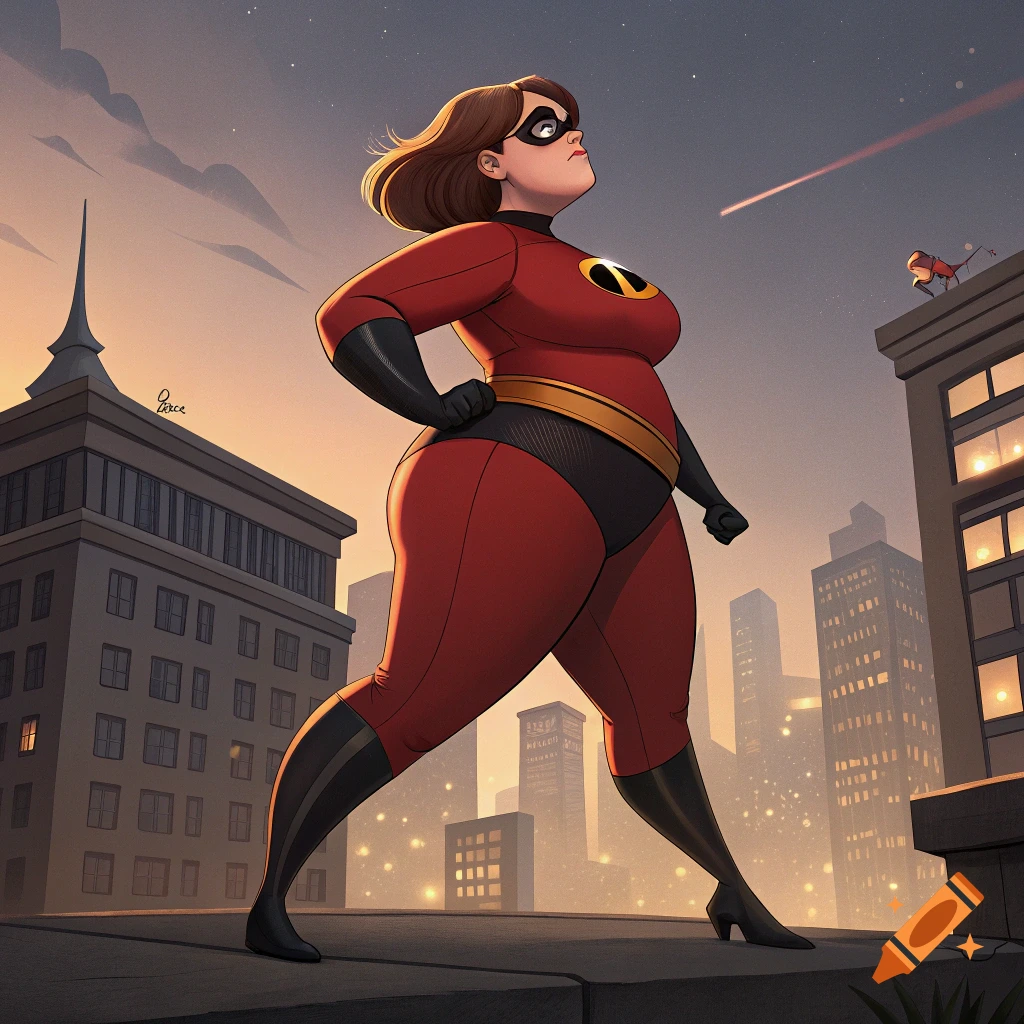 A stylized cartoon illustration of a heavier Elastigirl standing confidently on a rooftop overlooking a city at dusk.