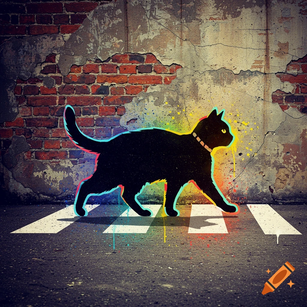 Graffiti-style black cat crossing a street on a pedestrian crossing against a grunge wall