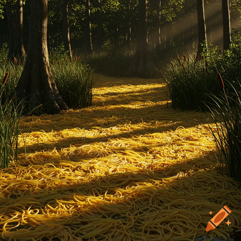 A forest floor covered in a thick layer of spaghetti, with trees and sunlight filtering through.