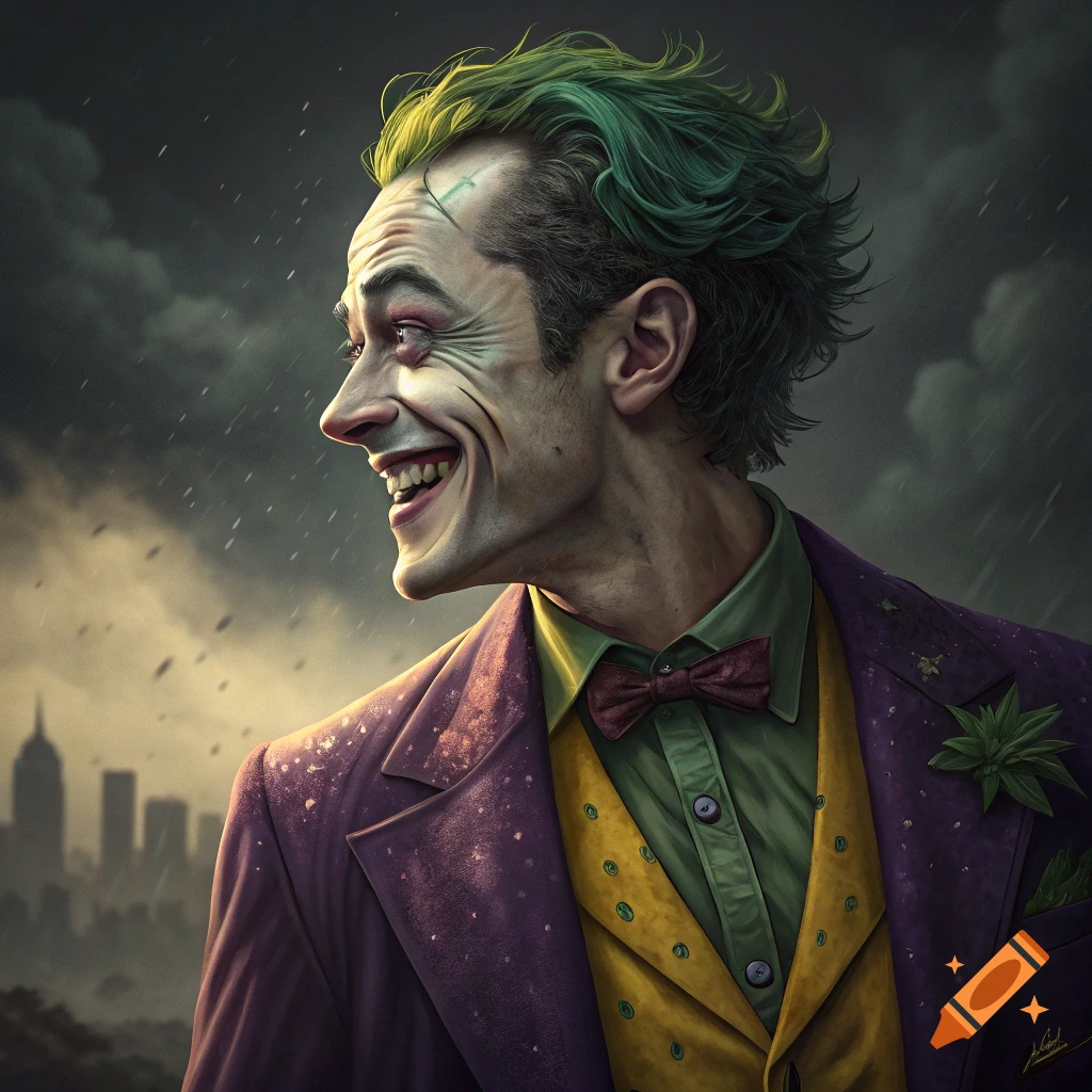 Portrait of a character resembling the Joker with green hair, purple suit, and makeup smiling against a stormy city background.