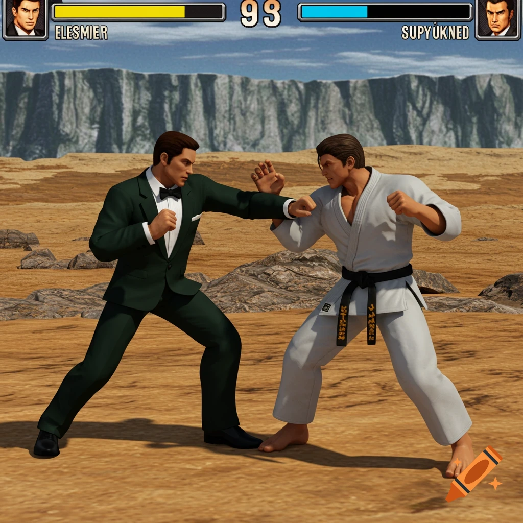 Two male characters in a 3D fighting game, one in a suit and one in a gi, facing off in a rocky arena.