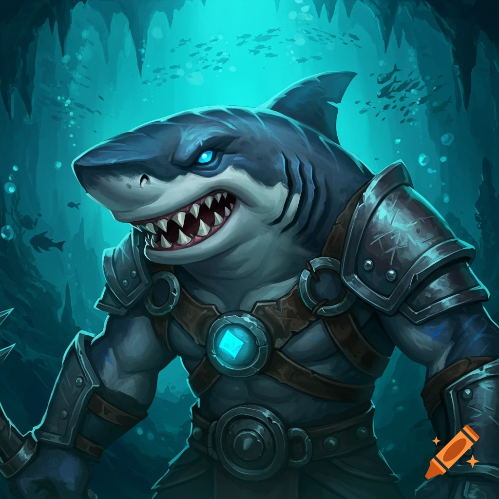 An anthropomorphic shark warrior wearing armor underwater.