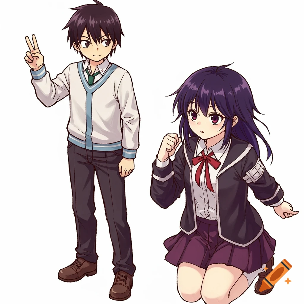 Anime style illustration of a boy standing making a peace sign and a girl kneeling.