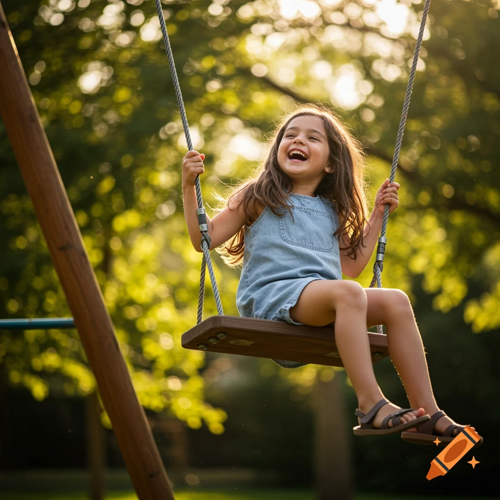 Young girl laughing joyfully on a swing in a sunny park.