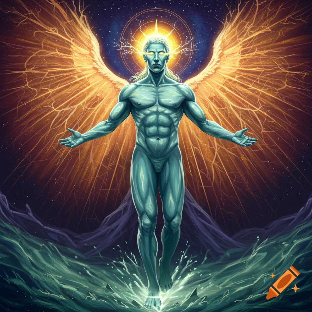 A glowing, muscular humanoid figure with large fiery wings stands in shallow water under a starry sky.