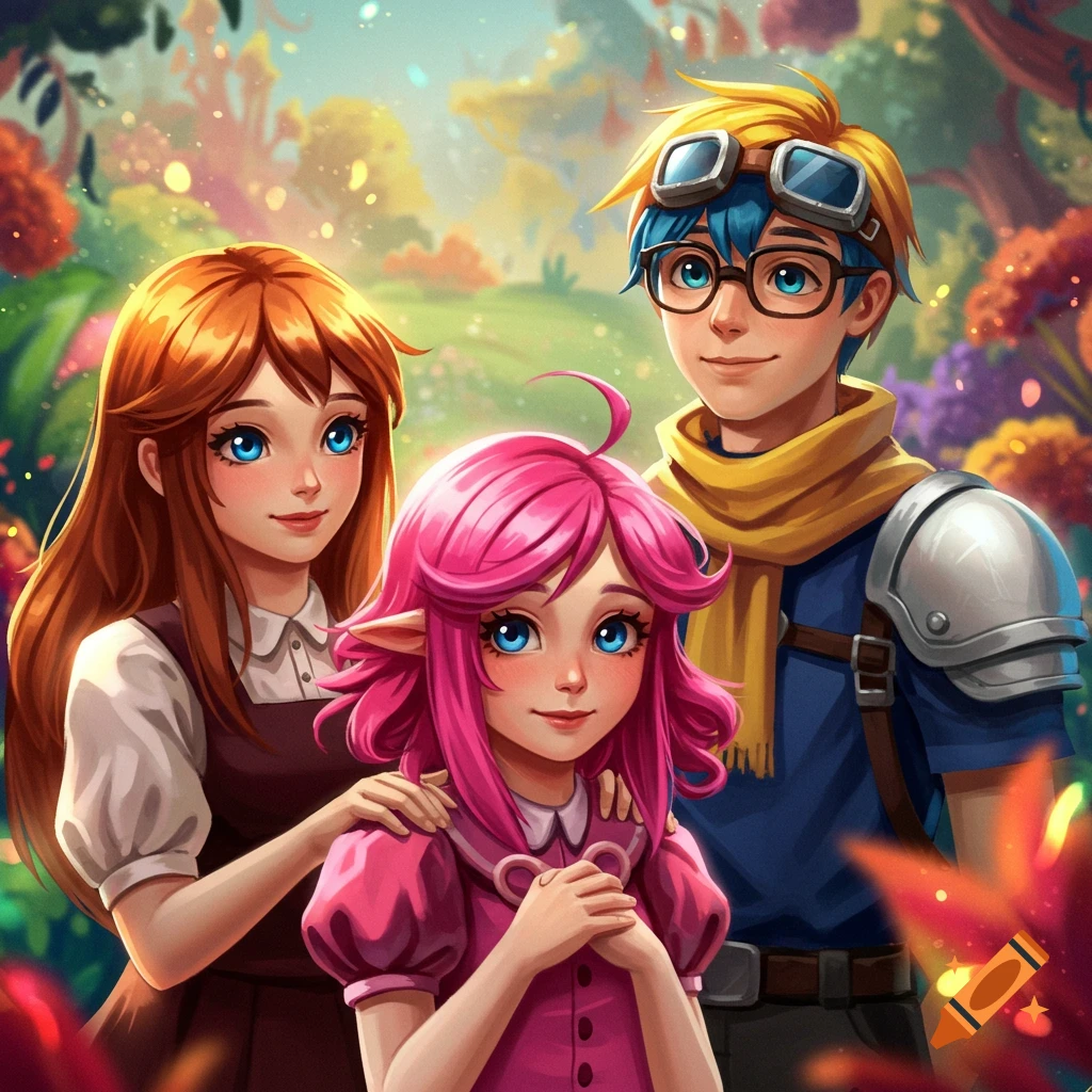 Three young fantasy characters (a boy with goggles, a girl with red hair, and a girl with pink hair and elf ears) smiling in a bright, lush forest.