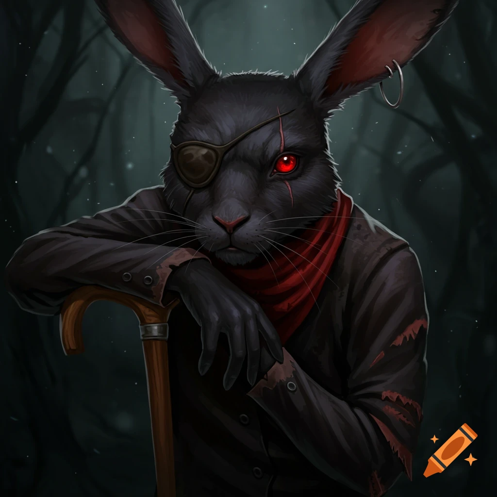 Anthropomorphic black rabbit with red eye, eye patch, and cane in a dark forest.