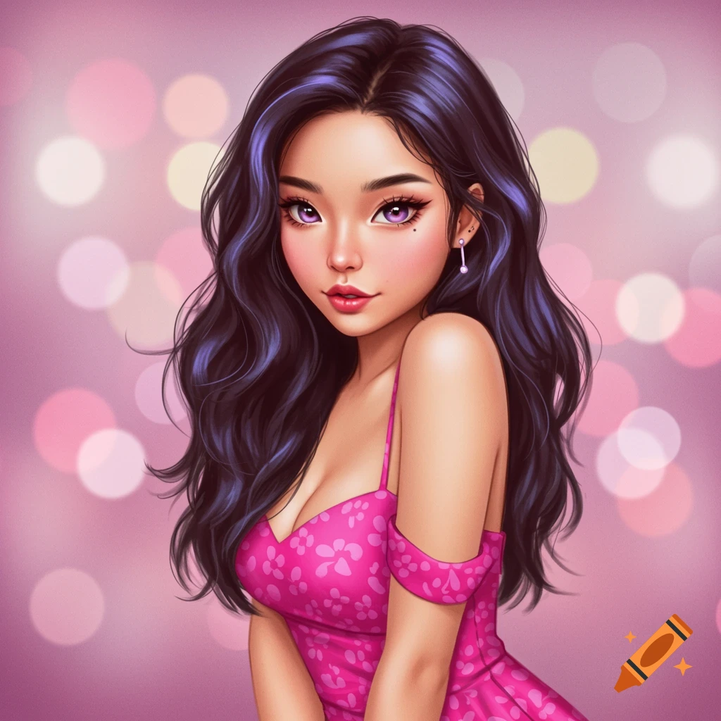 Young woman in a pink dress with dark hair and purple eyes against a bokeh background.