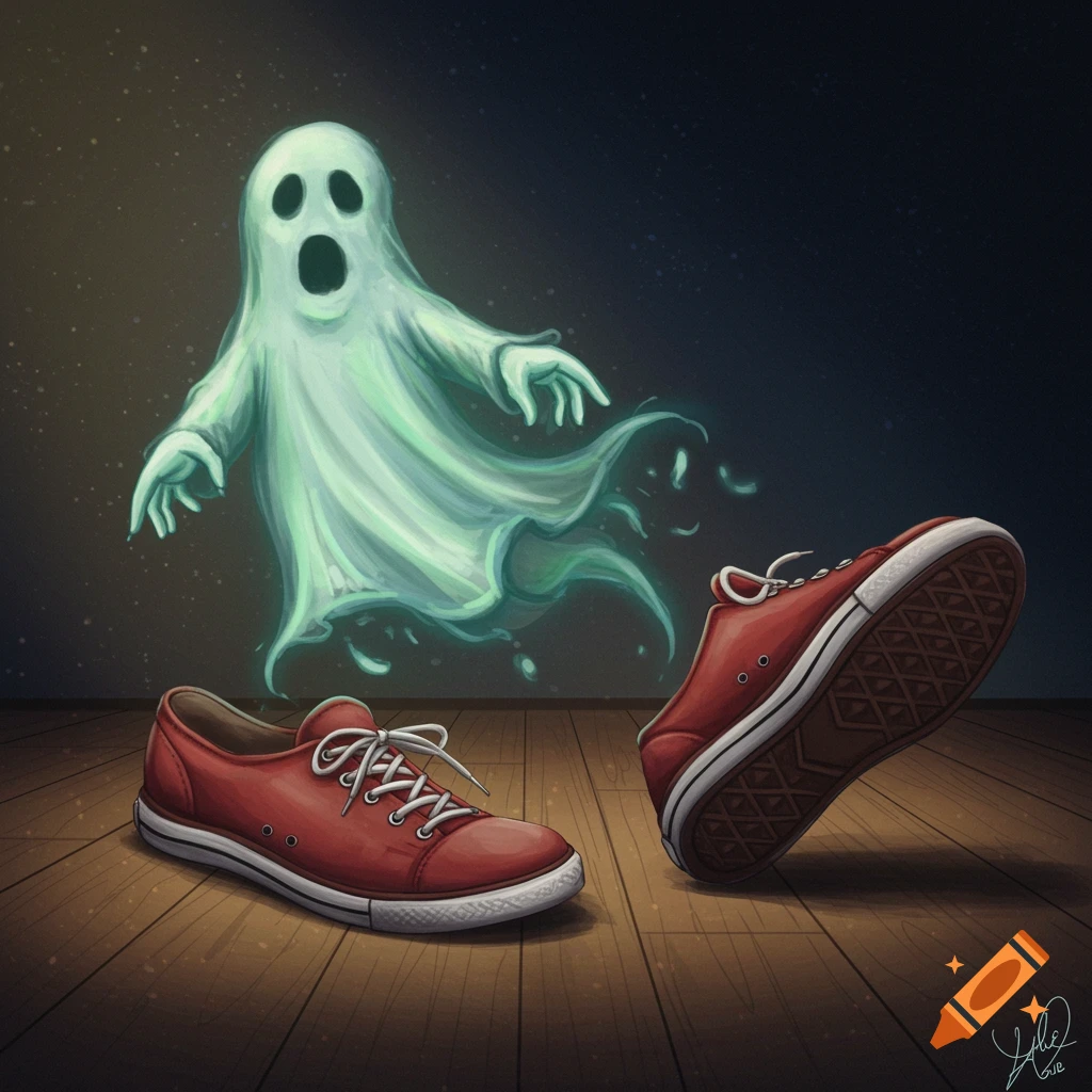 A ghost haunting two red sneakers dancing on a wooden floor.